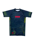Fatigues camo BJJ rash guard with durable spandex/polyester blend, designed for comfort and flexibility.