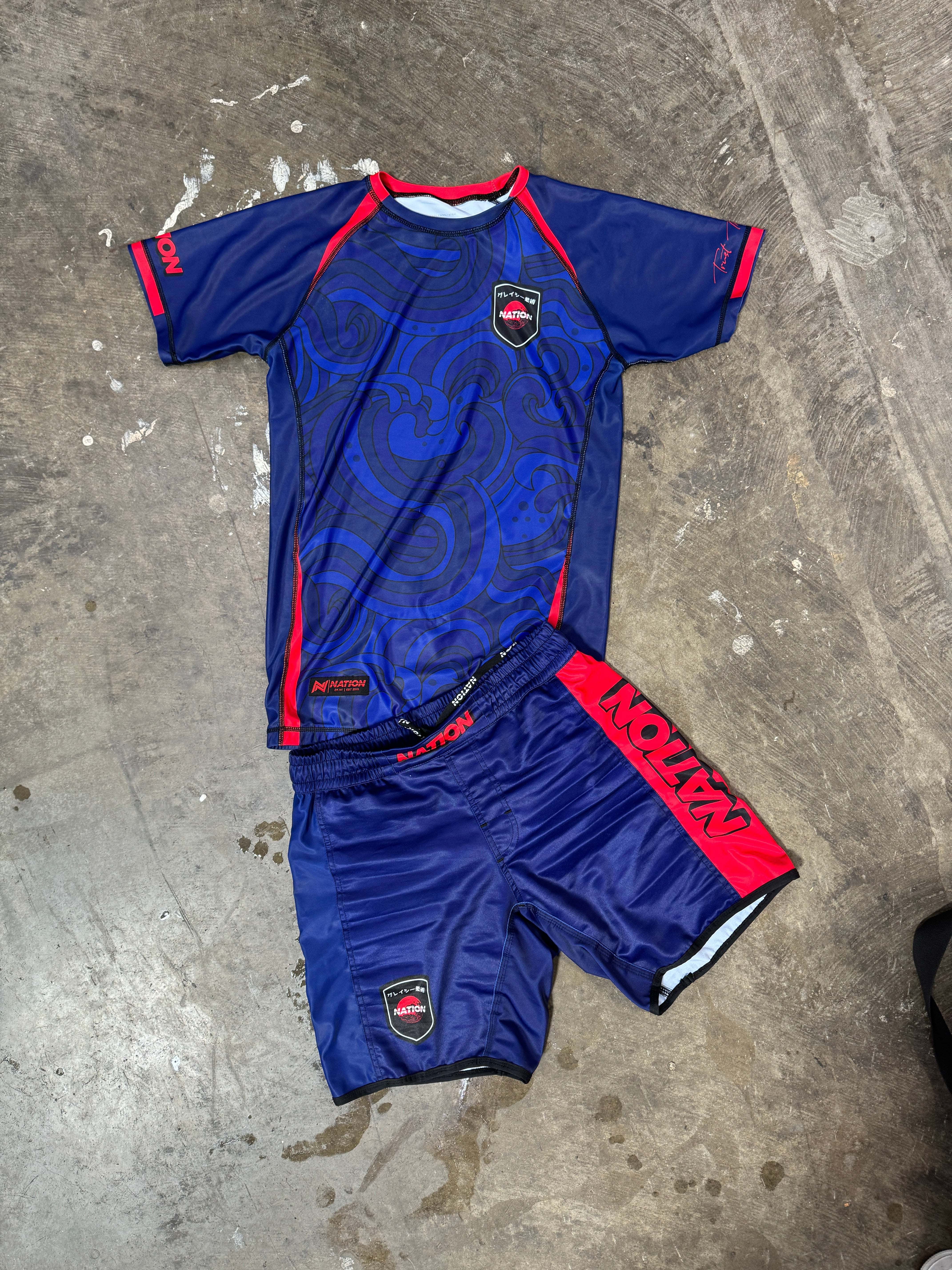 The Great Wave BJJ Rash Guard in blue, short sleeve, premium no-gi jiu jitsu set by Nation Athletic.