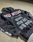 Black acid wash BJJ hoodie with bold Jiu-Jitsu graphics, showcasing grit and durability for combat enthusiasts.