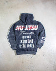 Black acid wash BJJ hoodie with bold Jiu-Jitsu graphics, showcasing grit and durability for combat enthusiasts.