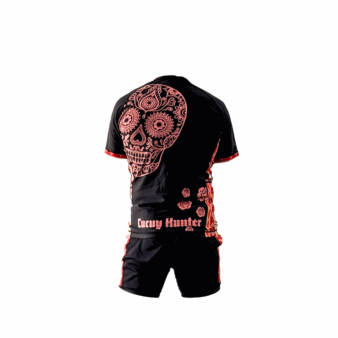 Cucuy Hunter BJJ Rash Guard Set featuring El Cucuy design from Mexican folklore, short sleeve with matching grappling shorts.