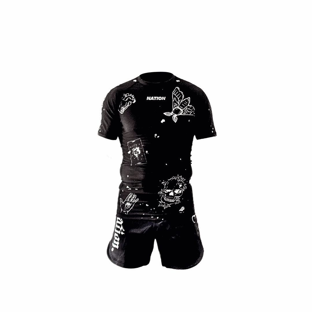 Jiu Jitsu Dark Arts BJJ rash guard set with grappling shorts, designed for No-Gi training.