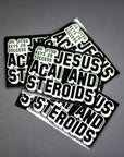 BJJ sticker featuring the humorous text 'Jesus, Acai, and Steroids' in bold design.