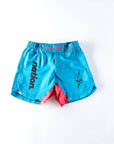 Blue female BJJ grappling shorts with "Nation" logo, red accents, and an elastic waistband for martial arts training.