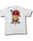 White t-shirt with Jiu Jitsu design featuring a person in a gi and text on a white background