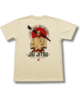 Beige t-shirt with Jiu Jitsu design featuring a martial artist and text on a white background