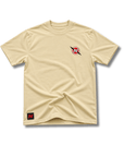 Beige t-shirt with a logo on a white background