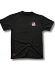 Black t-shirt with a logo on a white background