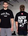Two men wearing black bjj t-shirts with text and graphics, one facing forward and one facing backward.