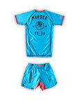 Blue Murder Yoga BJJ Rash Guard Set for men's No-Gi Jiu Jitsu training, featuring silicone anti-slip waist, inner mouthpiece pocket, and durable fabric.