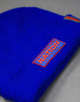 Blue Jiu Jitsu Beanies with a red and white logo on a gray background