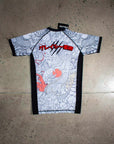 White short sleeve BJJ rash guard with Rising Dragon design for No-Gi Jiu Jitsu and MMA.