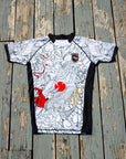 Kids BJJ Rash Guard, Rising Dragon design, white short sleeve, durable spandex/polyester, youth size.