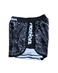 Female grappling shorts with dragon design, tailored for BJJ, blue and white, Nation Athletic.