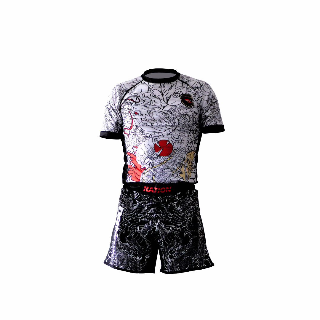 Rising Dragon BJJ Rash Guard Set in multicolor for No-Gi training, featuring durable and flexible material with sublimated graphics.