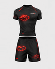 anime BJJ kit Shadow Cloud No Gi Set black Naruto-style anime BJJ rash guard and grappling shorts with red cloud design