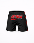 Black shorts with red 'NATION' text on a white background | Naruto-Style Anime Grappling Shorts