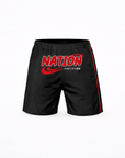 anime BJJ kit Black shorts with red 'NATION' text on a white background | Naruto-Style Anime Grappling Shorts