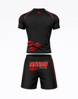 anime BJJ kit Black sports outfit with red accents on a white background Naruto-Style Anime bjj rash guard set