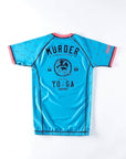 Blue short sleeve BJJ rash guards by Nation Athletics with "Murder Yoga" design, lightweight and durable.
