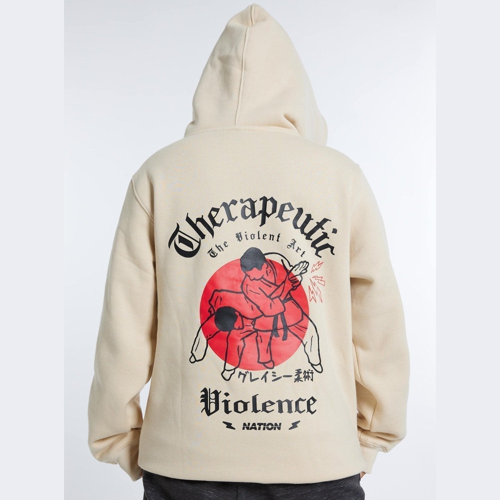 Beige BJJ hoodie with "Therapeutic Violence" design, durable and ultra-soft, by Nation Athletic Jiu Jitsu Apparel.