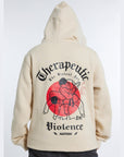Beige BJJ hoodie with "Therapeutic Violence" design, durable and ultra-soft, by Nation Athletic Jiu Jitsu Apparel.