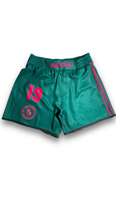 Green Hooligans No-Gi BJJ grappling shorts by Nation Athletic featuring lightweight, flexible 4-way stretch fabric.