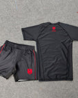 Vanguard No-Gi Set red and black BJJ rash guard and grappling shorts for durable, moisture-wicking training
