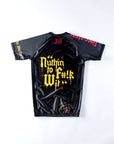 High-performance black BJJ rash guard, short sleeve, exclusive Wu-Jitsu design for No-Gi Jiu Jitsu and MMA.