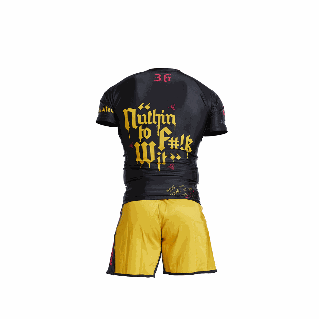 Wu Jitsu BJJ Rash Guard Set in multicolor with compression fit and hip hop-inspired design, featuring moisture-wicking fabric and fully sublimated graphics.