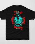 Black oversized tee featuring a bold graphic of a jiu-jitsu fighter with red and turquoise details, Biggie BJJ Oversized Tee streetwear design