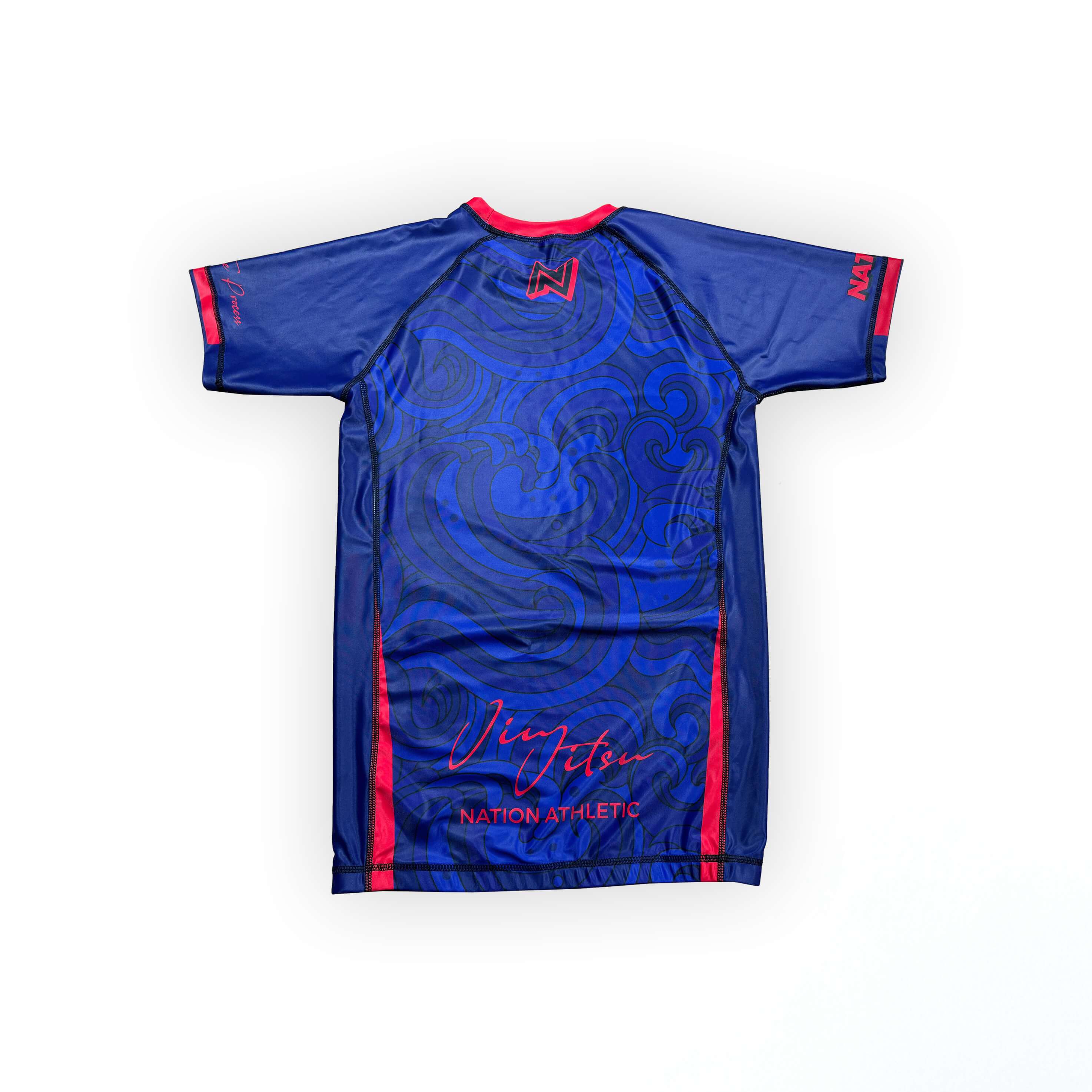 The Great Wave BJJ Rash Guard in blue, short sleeve, premium no-gi jiu jitsu rashguard back by Nation Athletic.