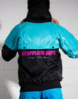 Retro BJJ hoodie warm up jacket with branded drawstrings and ventilation design. Back view