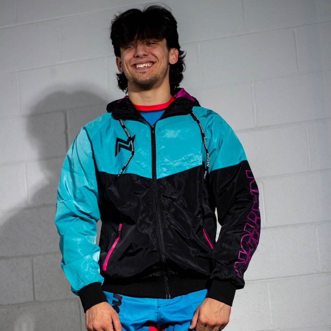 Retro BJJ hoodie warm up jacket with branded drawstrings and ventilation design. Front on model