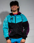 Retro BJJ hoodie warm up jacket with branded drawstrings and ventilation design. Front on model