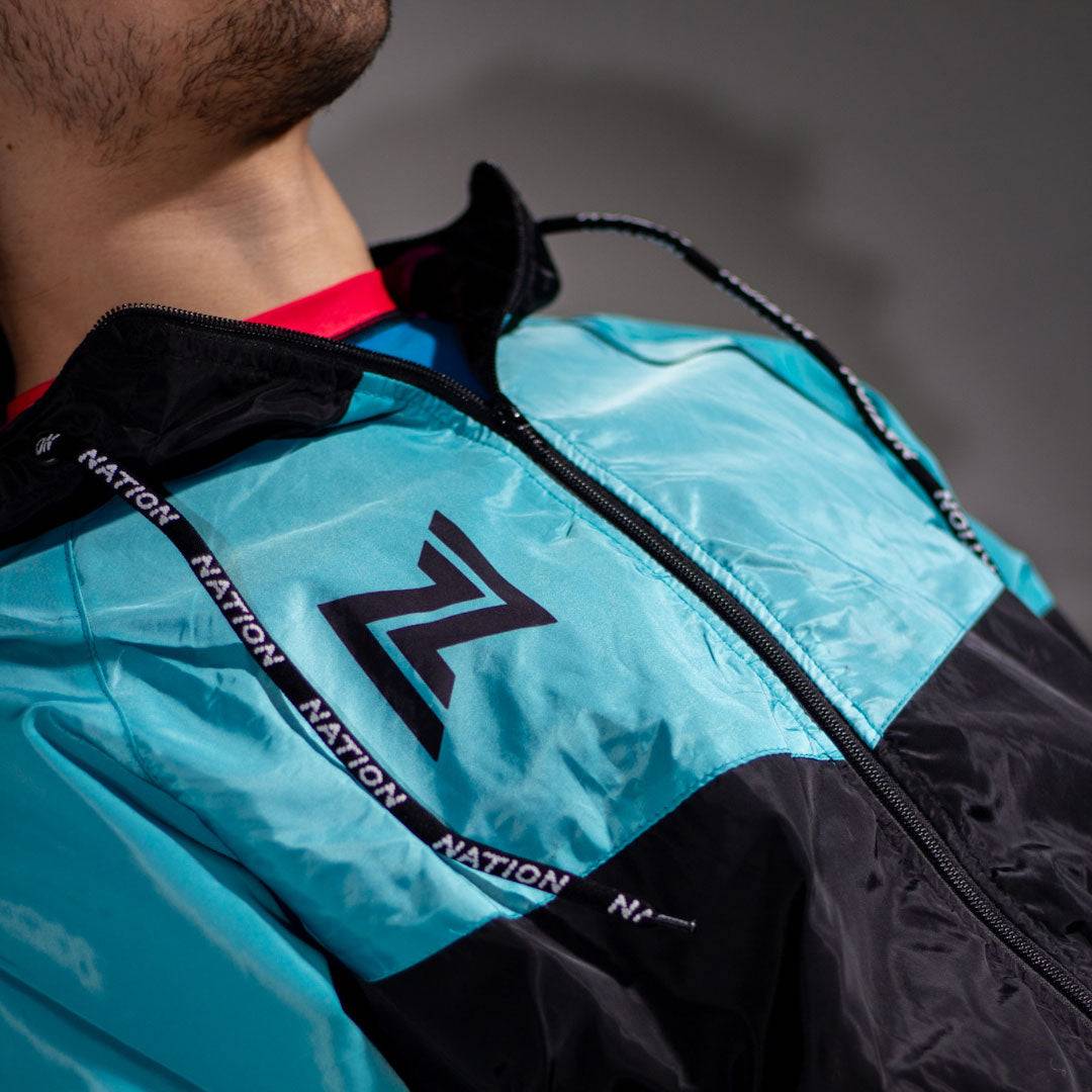 Retro BJJ hoodie warm up jacket with branded drawstrings and ventilation design. close up chest