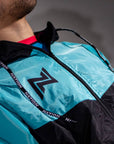 Retro BJJ hoodie warm up jacket with branded drawstrings and ventilation design. close up chest