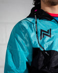 Retro BJJ hoodie warm up jacket with branded drawstrings and ventilation design. Close up chest