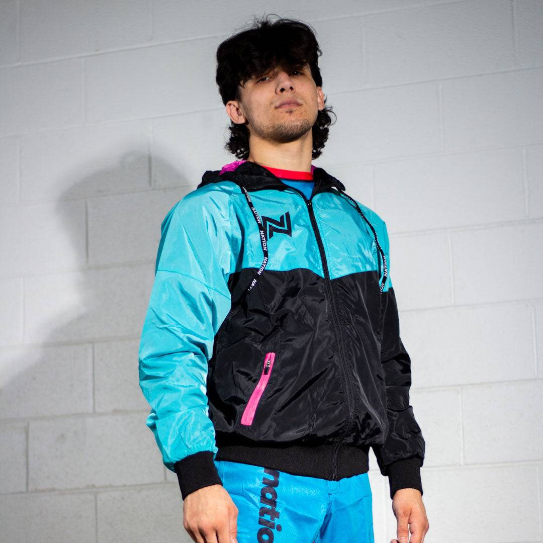 Retro BJJ hoodie warm up jacket with branded drawstrings and ventilation design. Front side angle