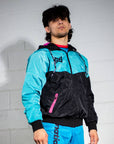 Retro BJJ hoodie warm up jacket with branded drawstrings and ventilation design. Front side angle