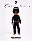 A NWA West Cost rap inspired, black martial arts bjj gi with a purple belt, black Compton cap, and sunglasses, standing against a white studio background. Text at the top reads 'Express Yourself' with an 'N' logo, and text at the bottom reads 'NWA CONCEPT KIT' and 'KIMONO + NOGI KIT'