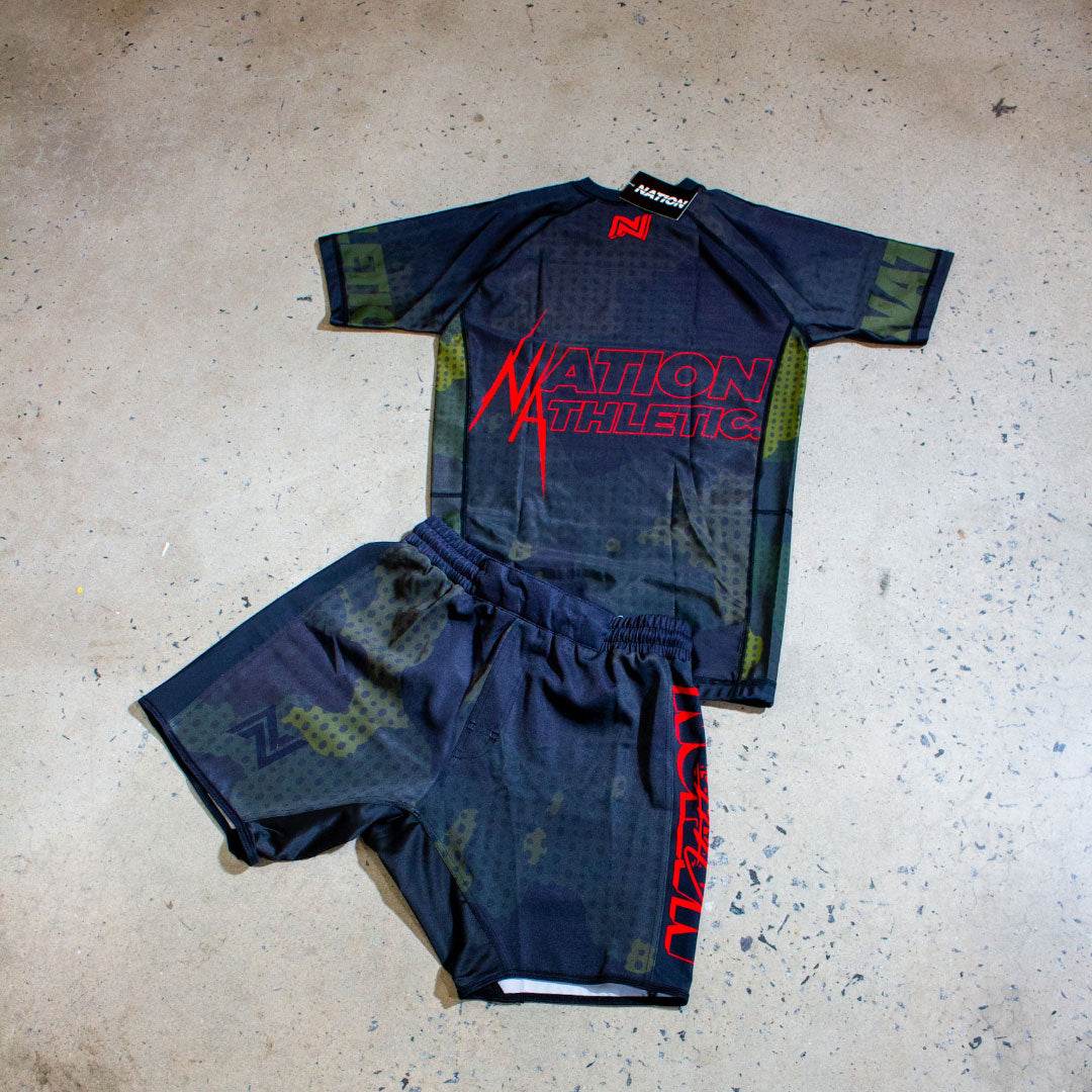 BJJ Rash Guard and BJJ grappling Shorts by Nation Athletic Camo Design Full BJJ Rash Guard Set