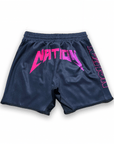 Black Kanye BJJ grappling shorts with pink "NATION" text, elastic waistband, designed for durability and flexibility in training and competition.