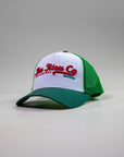 Green and red Jiu Jitsu Supply Co trucker hat with mesh back and 3D embroidery.
