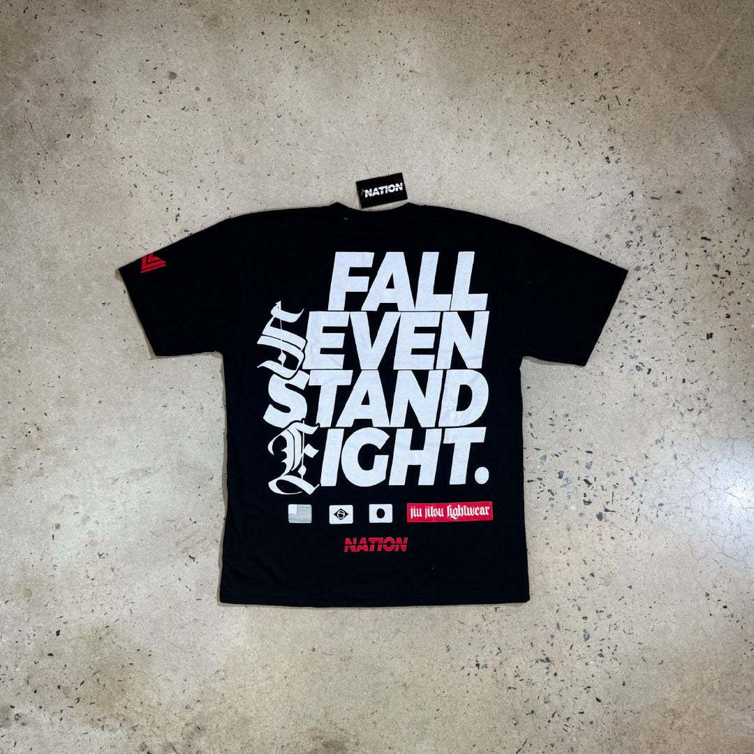 Fall Seven, Stand Eight black nation athletic bjj tee flatlay