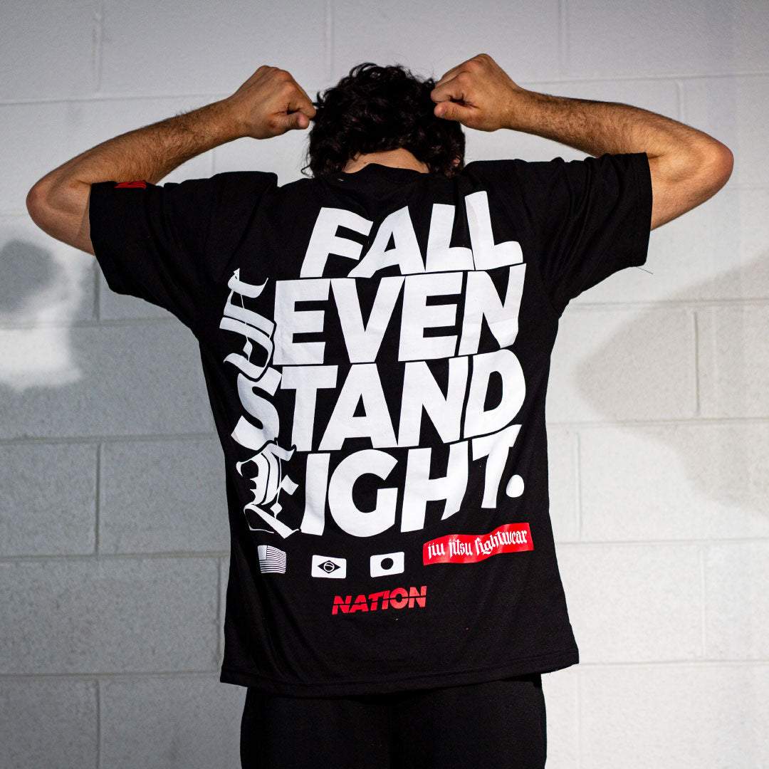 Fall Seven, Stand Eight black nation athletic bjj tee back view on model