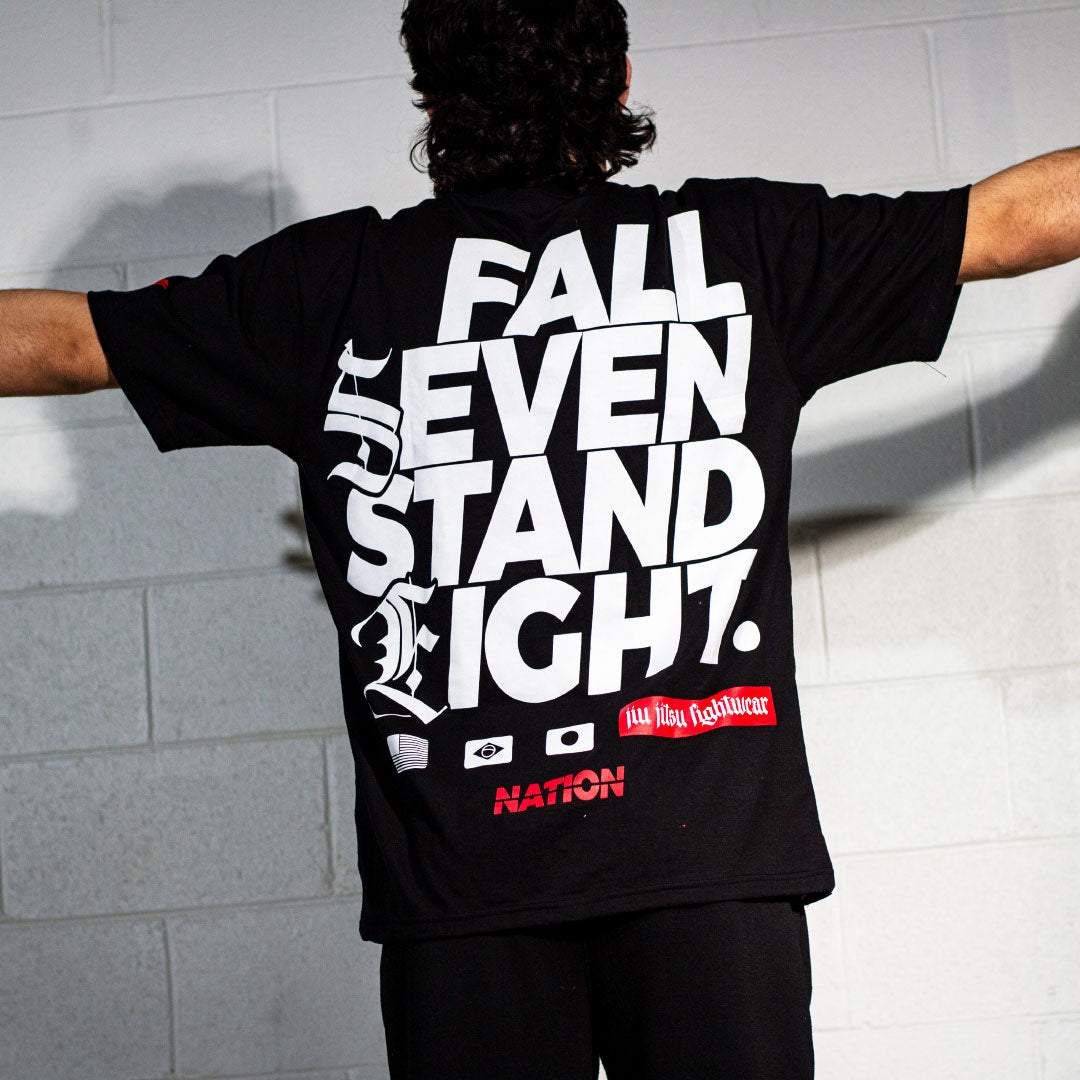 "Fall Seven, Stand Eight" black  BJJ Tee with bold statement print by Nation Athletic.