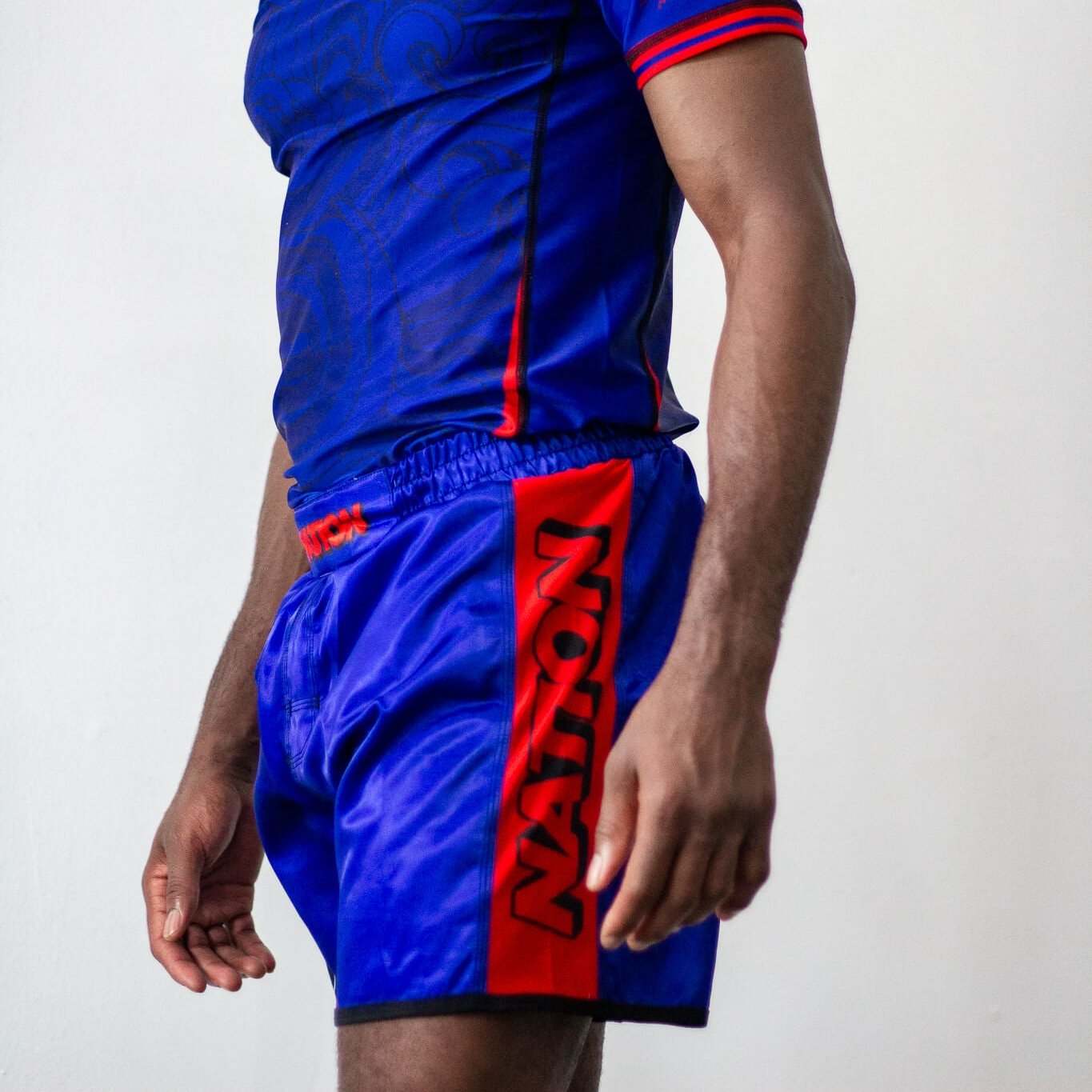 Blue BJJ grappling shorts inspired by The Great Wave, featuring elasticated waist and tailored fit, ideal for No-Gi Jiu Jitsu.