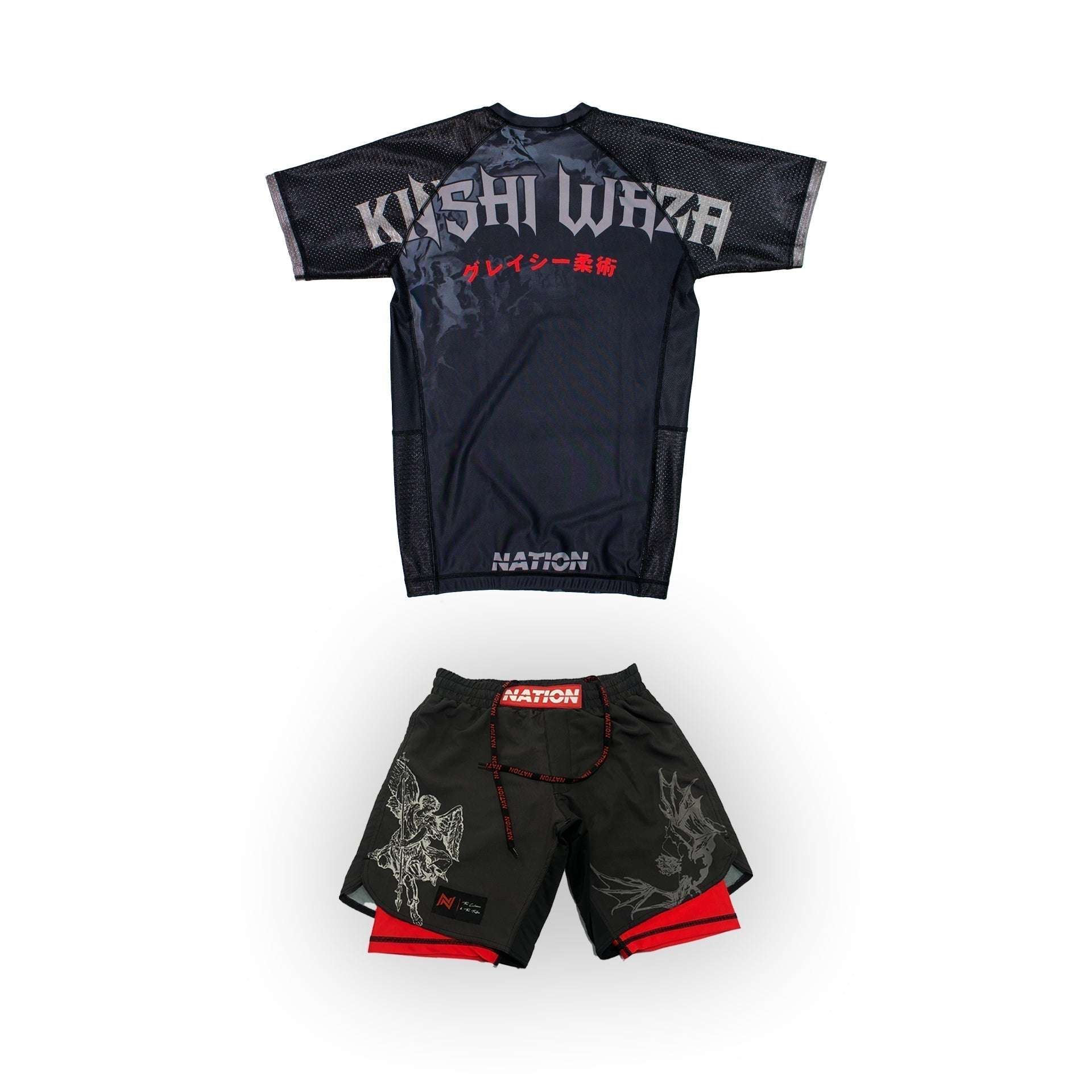 Dark Arts War in Heaven BJJ Rash Guard, No-Gi Jiu Jitsu Training Gear in Black, featuring durable spandex/polyester, compression fit, waffle tech fabric, sublimated graphics.