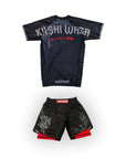 Dark Arts War in Heaven BJJ Rash Guard, No-Gi Jiu Jitsu Training Gear in Black, featuring durable spandex/polyester, compression fit, waffle tech fabric, sublimated graphics.